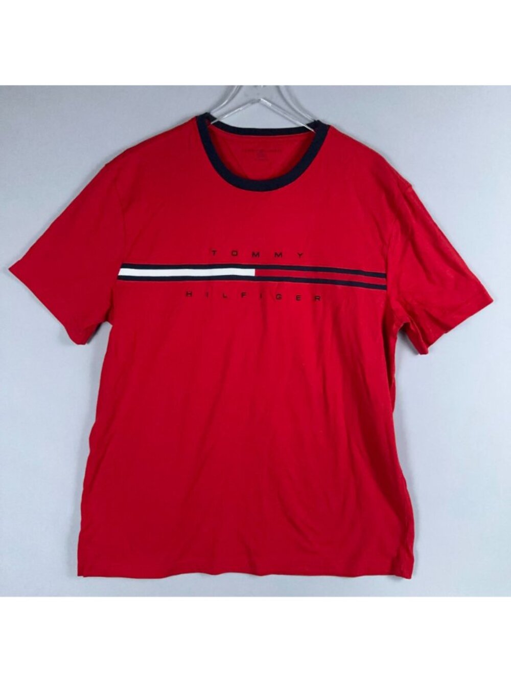 Tommy Hilfiger T-Shirt Size XL Red Crewneck 100% Cotton Stripe Logo Short Sleeve - Picture 6 of 15